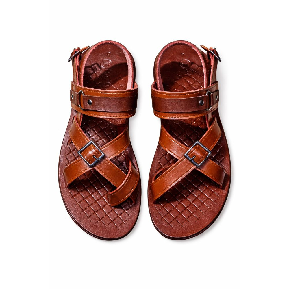 Mens Brown Multi Strap Leather Sandal with Ankle Buckle